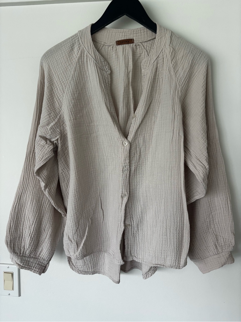 Light Taupe Button-Front Women's Gauze Top